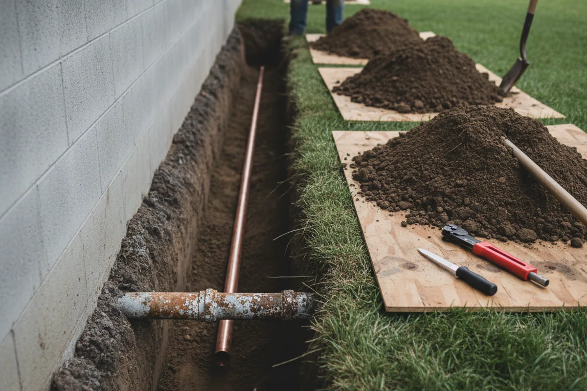 Excavated water line trench during Sewer Line Repair in Canterbury